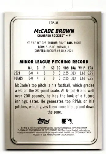 McCade Brown Bowman Platinum top prospects baseball card back with original gloss