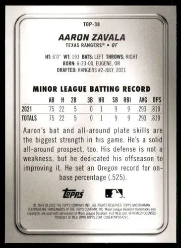 Original gloss Bowman Platinum Aaron Zavala baseball card from 2022 Top Prospects series