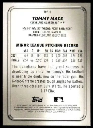Original gloss Bowman Platinum Tommy Mace baseball card back for 2022 Top Prospects