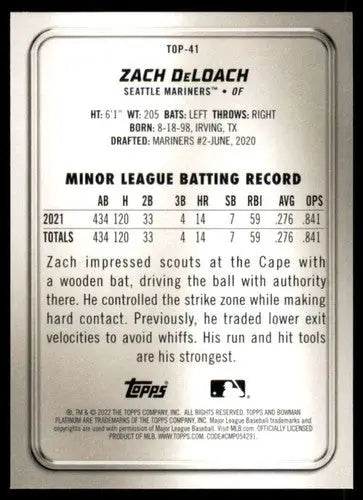 Zach DeLoach baseball card from Bowman Platinum Top Prospects series with original gloss