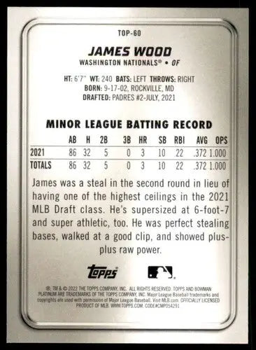 2022 Bowman Platinum Top Prospects #TOP-60 James Wood NM Near Mint Nati ID:66874 - Baseball Card Single
