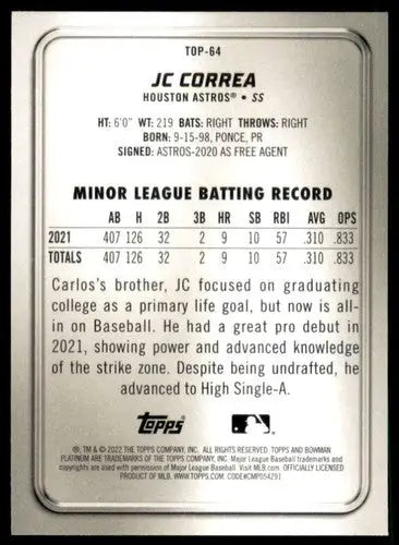 2022 Bowman Platinum Top Prospects #TOP-64 JC Correa NM-MT Astros ID:49190 - Baseball Card Single