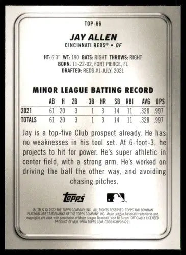 2022 Bowman Platinum Jay Allen baseball card with original gloss and Reds ID 49182