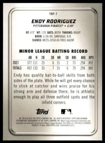 2022 Bowman Platinum Top Prospects #TOP-7 Endy Rodriguez NM Near Mint P ID:66862 - Baseball Card Single