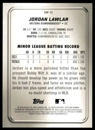2022 Bowman Platinum Top Prospects #TOP-72 Jordan Lawlar NM Near Mint D ID:66877 - Baseball Card Single