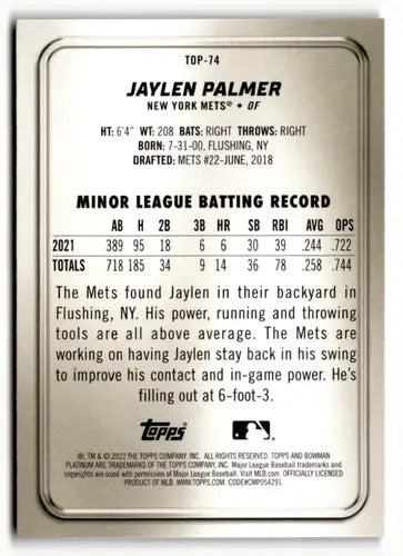 2022 Bowman Platinum Jaylen Palmer baseball card with original gloss in Top Prospects series