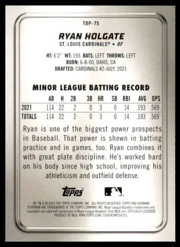 Baseball card back from Bowman Platinum featuring Ryan Holgate with original gloss near mint