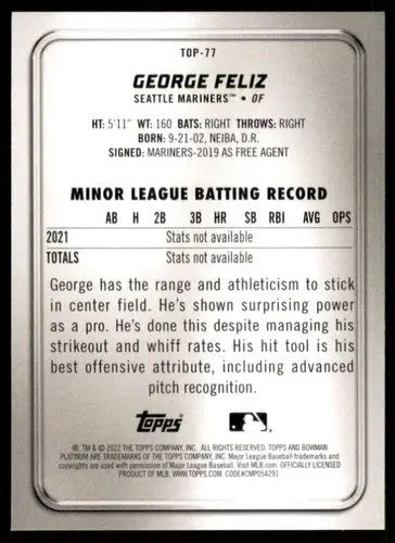 Original gloss of George Feliz baseball card back from 2022 Bowman Platinum Top Prospects