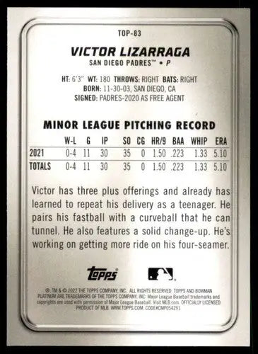 Victor Lizarraga Bowman Platinum Top Prospects baseball card with original gloss