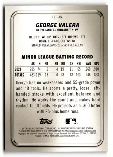 Original gloss Bowman Platinum George Valera baseball card from 2022 Top Prospects series