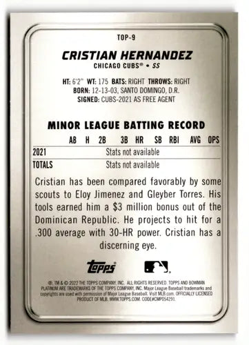 Cristian Hernandez baseball card from 2022 Bowman Platinum Top Prospects with original gloss