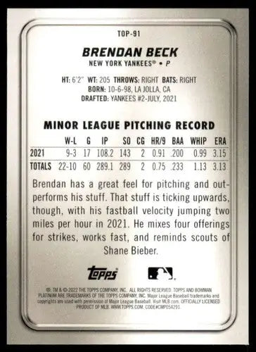 2022 Bowman Platinum Top Prospects #TOP-91 Brendan Beck NM-MT Yankees I ID:49183 - Baseball Card Single