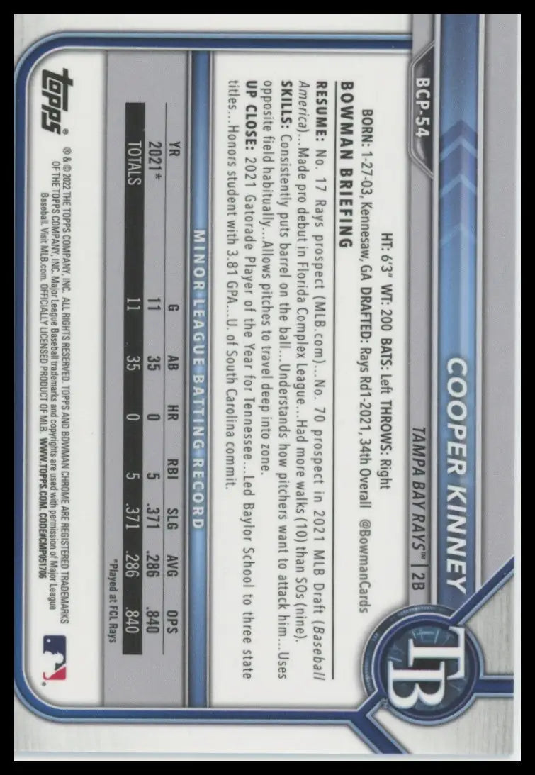 2022 Bowman - Prospects Blue Cooper Kinney BP-54 /150 Tampa Bay Rays NM - Baseball Card Single