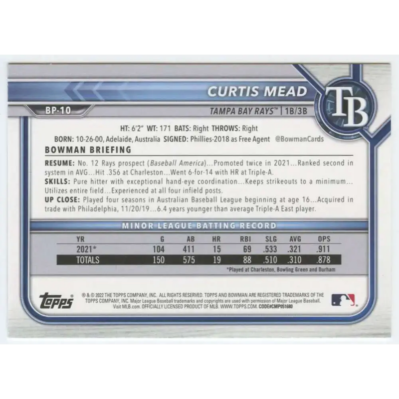 2022 Bowman Prospects #BP-10 Curtis Mead NM-MT Tampa Bay Rays Baseball Card - Baseball Card Single