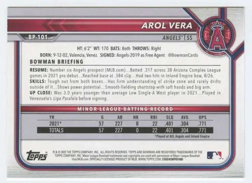 2022 Bowman Prospects #BP-101 Arol Vera NM-MT Angels ID:41994 - Baseball Card Single