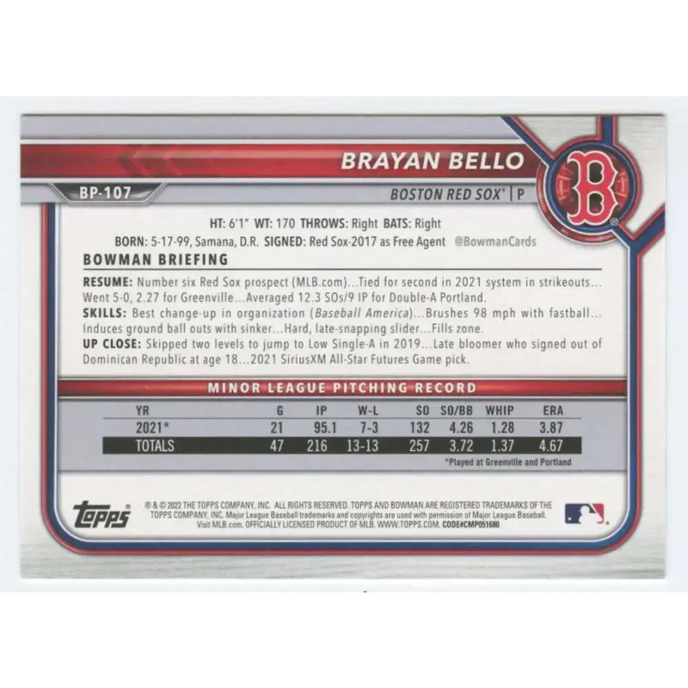 2022 Bowman Prospects #BP-107 Brayan Bello NM-MT Boston Red Sox Baseball Card - Baseball Card Single