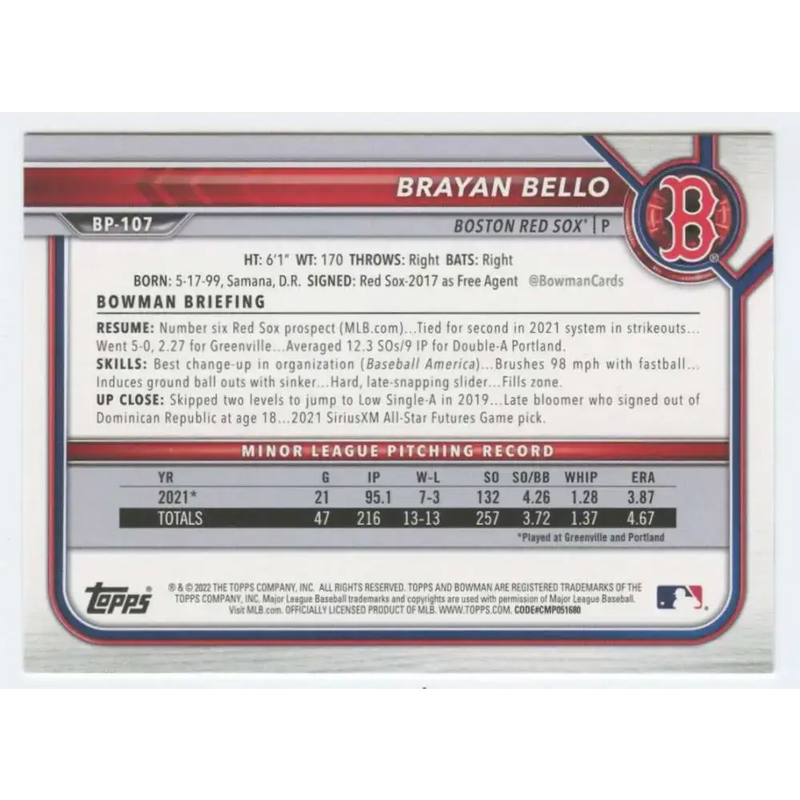 2022 Bowman Prospects #BP-107 Brayan Bello NM-MT Boston Red Sox Baseball Card - Baseball Card Single