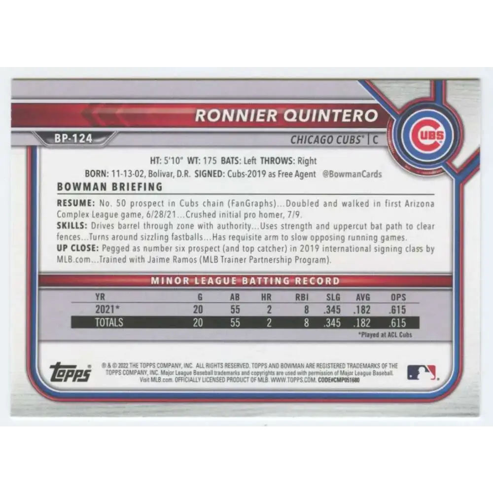 2022 Bowman Prospects #BP-124 Ronnier Quintero NM-MT Chicago Cubs Baseball Card - Baseball Card Single