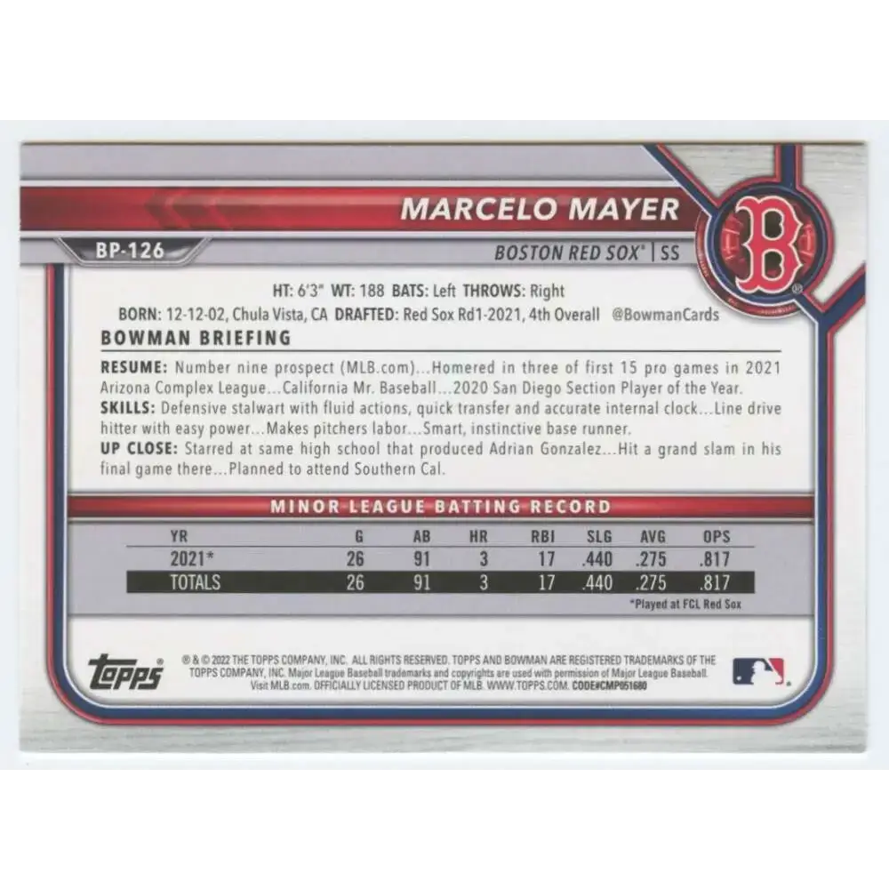2022 Bowman Prospects #BP-126 Marcelo Mayer NM-MT Boston Red Sox Baseball Card - Baseball Card Single