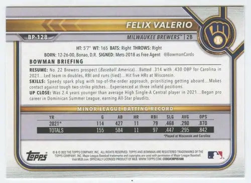 2022 Bowman Prospects #BP-128 Felix Valerio NM-MT Brewers 1st Bowman ID:42001 - Baseball Card Single