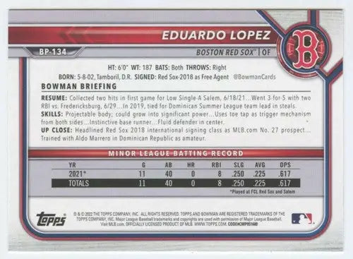 2022 Bowman Prospects #BP-134 Eduardo Lopez NM-MT Red Sox 1st Bowman ID:42002 - Baseball Card Single