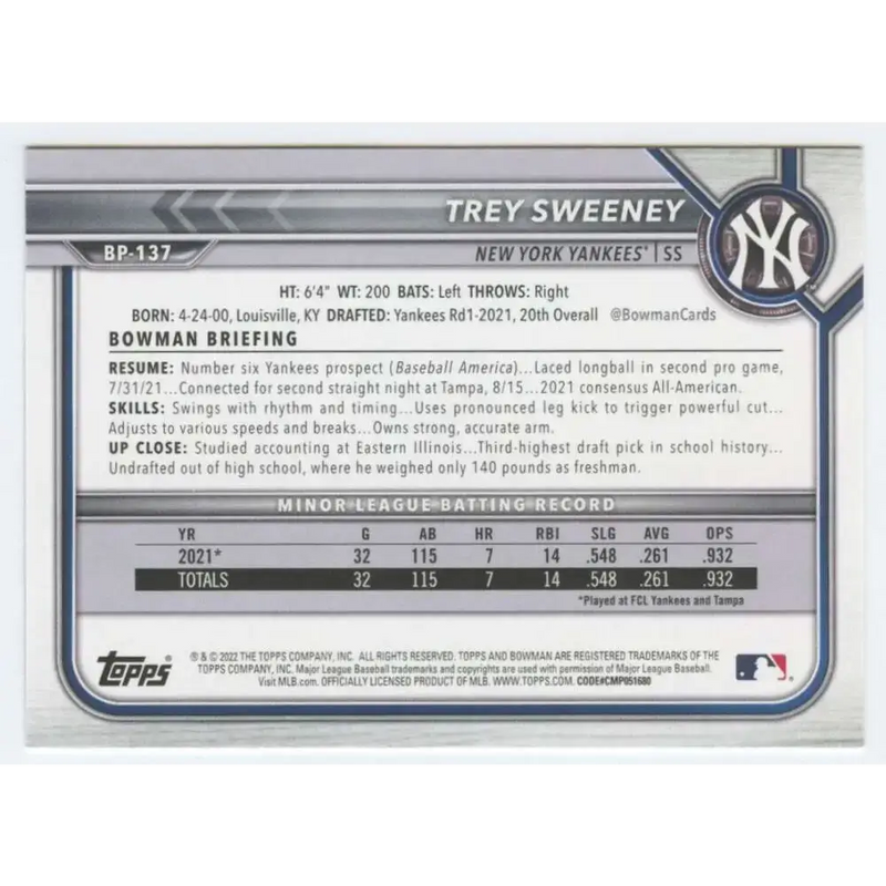 2022 Bowman Prospects #BP-137 Trey Sweeney NM-MT New York Yankees Baseball Card - Baseball Card Single