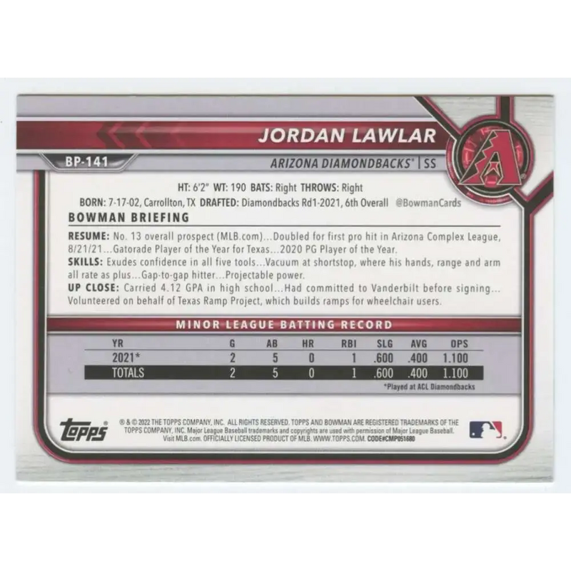 2022 Bowman Prospects #BP-141 Jordan Lawlar NM-MT Arizona Diamondbacks Baseball Card - Baseball Card Single