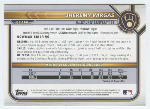 2022 Bowman Prospects #BP-144 Jheremy Vargas NM-MT Brewers 1st Bowman ID:42004 - Baseball Card Single
