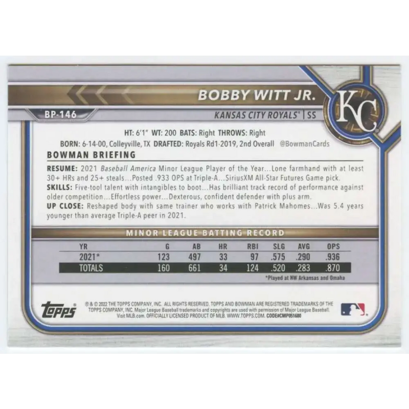 2022 Bowman Prospects #BP-146 Bobby Witt Jr. NM-MT Kansas City Royals Baseball Card - Baseball Card Single