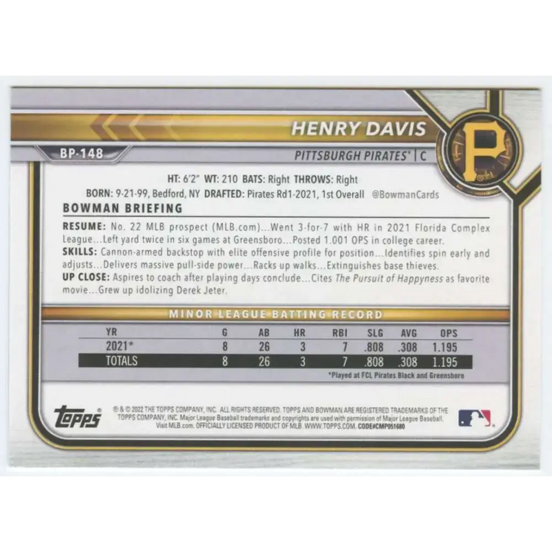 2022 Bowman Prospects #BP-148 Henry Davis NM-MT Pittsburgh Pirates Baseball Card - Baseball Card Single