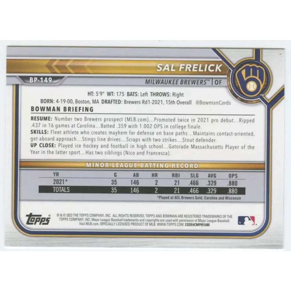 2022 Bowman Prospects #BP-149 Sal Frelick NM-MT Milwaukee Brewers Baseball Card - Baseball Card Single