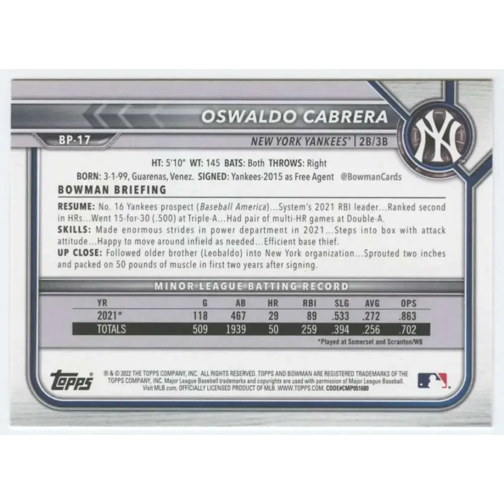 2022 Bowman Prospects #BP-17 Oswaldo Cabrera NM-MT New York Yankees Baseball Card - Baseball Card Single