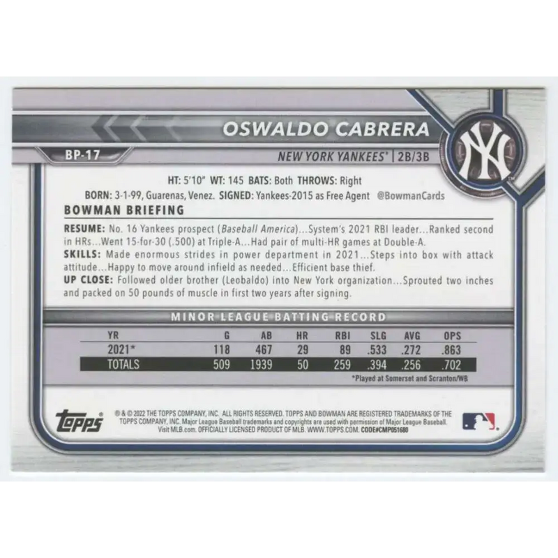 2022 Bowman Prospects #BP-17 Oswaldo Cabrera NM-MT New York Yankees Baseball Card - Baseball Card Single