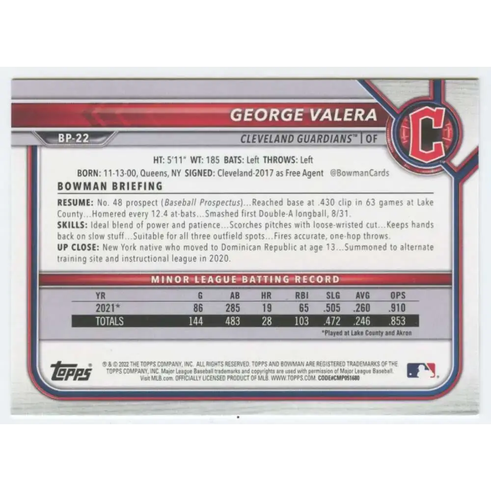 2022 Bowman Prospects #BP-22 George Valera NM-MT Cleveland Guardians Baseball Card - Baseball Card Single