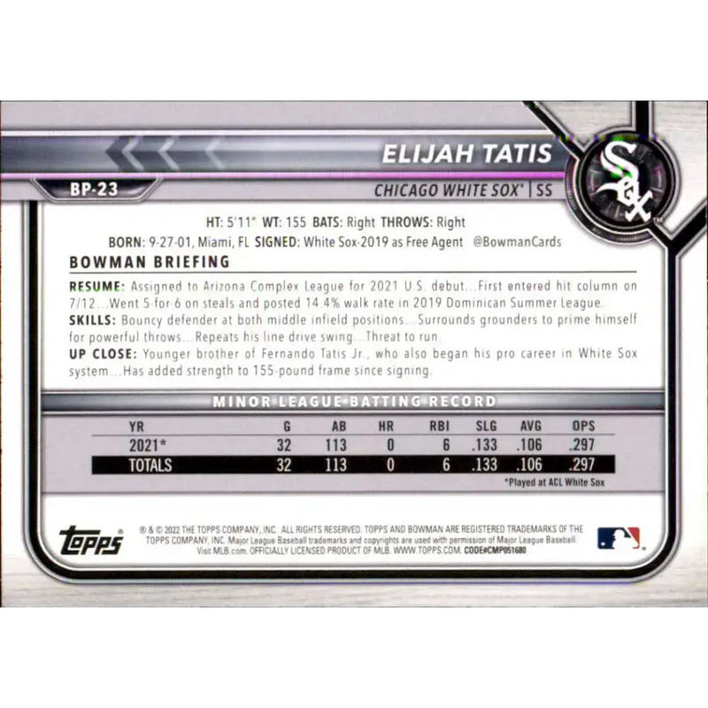 2022 Bowman Prospects #BP-23 Elijah Tatis NM-MT Chicago White Sox Baseball Card - Baseball Card Single