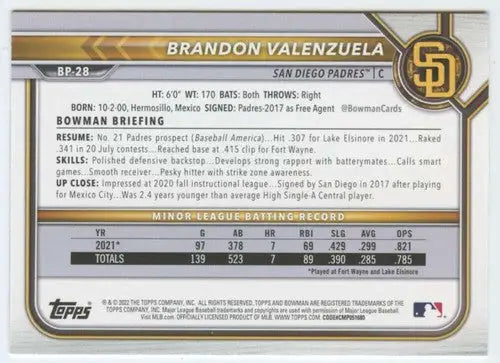 2022 Bowman Prospects #BP-28 Brandon Valenzuela NM-MT Padres 1st Bowman ID:41979 - Baseball Card Single