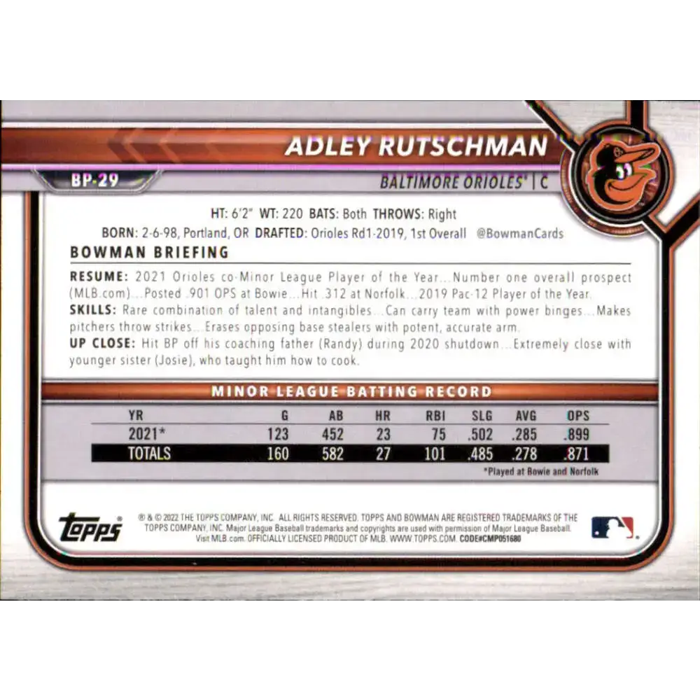 2022 Bowman Prospects #BP-29 Adley Rutschman NM-MT Baltimore Orioles Baseball Card - Baseball Card Single
