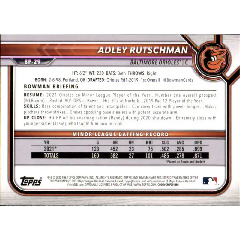 2022 Bowman Prospects #BP-29 Adley Rutschman NM-MT Baltimore Orioles Baseball Card - Baseball Card Single