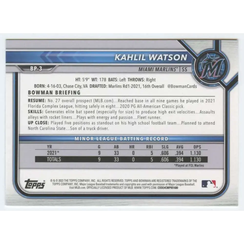2022 Bowman Prospects #BP-3 Kahlil Watson NM-MT Miami Marlins Baseball Card - Baseball Card Single