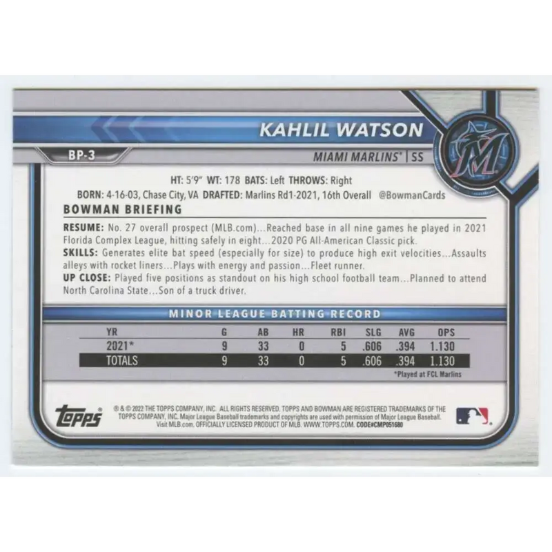 2022 Bowman Prospects #BP-3 Kahlil Watson NM-MT Miami Marlins Baseball Card - Baseball Card Single
