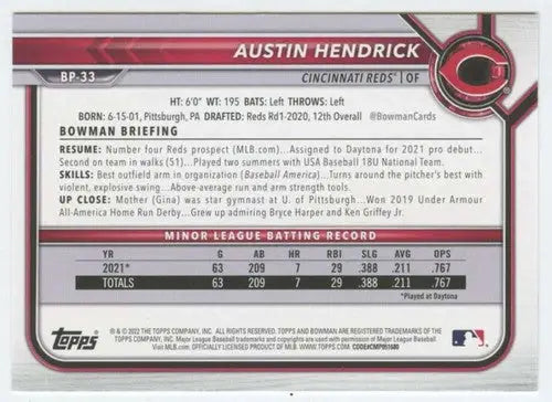 2022 Bowman Prospects #BP-33 Austin Hendrick NM-MT Reds ID:41980 - Baseball Card Single