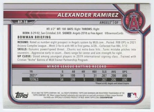 2022 Bowman Prospects #BP-38 Alexander Ramirez NM-MT Angels ID:41981 - Baseball Card Single