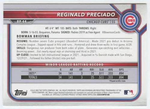 2022 Bowman Prospects #BP-44 Reginald Preciado NM-MT Cubs ID:41982 - Baseball Card Single