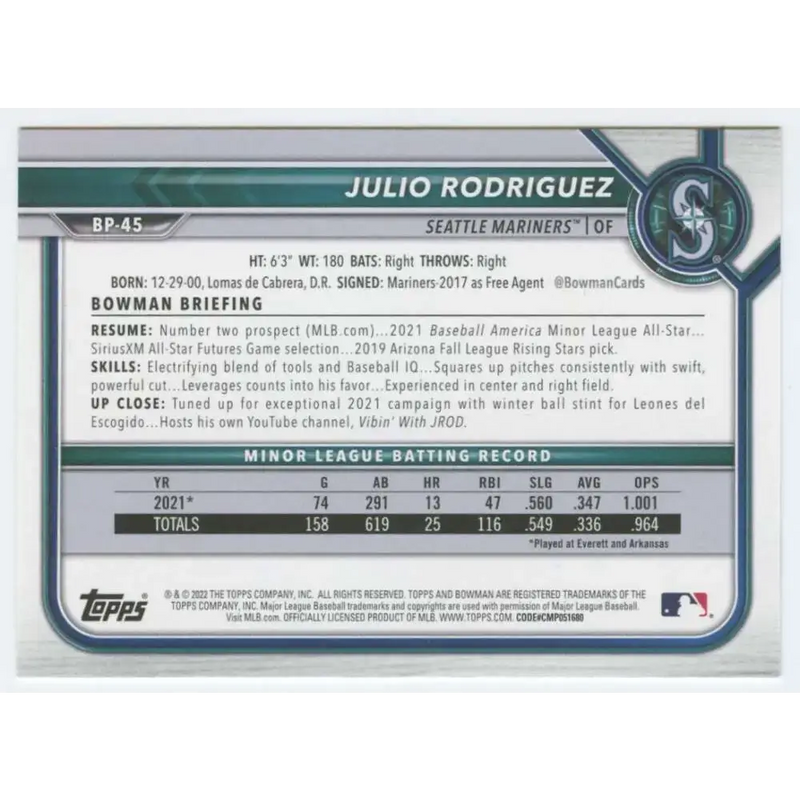 2022 Bowman Prospects #BP-45 Julio Rodriguez NM-MT Seattle Mariners Baseball Card - Baseball Card Single