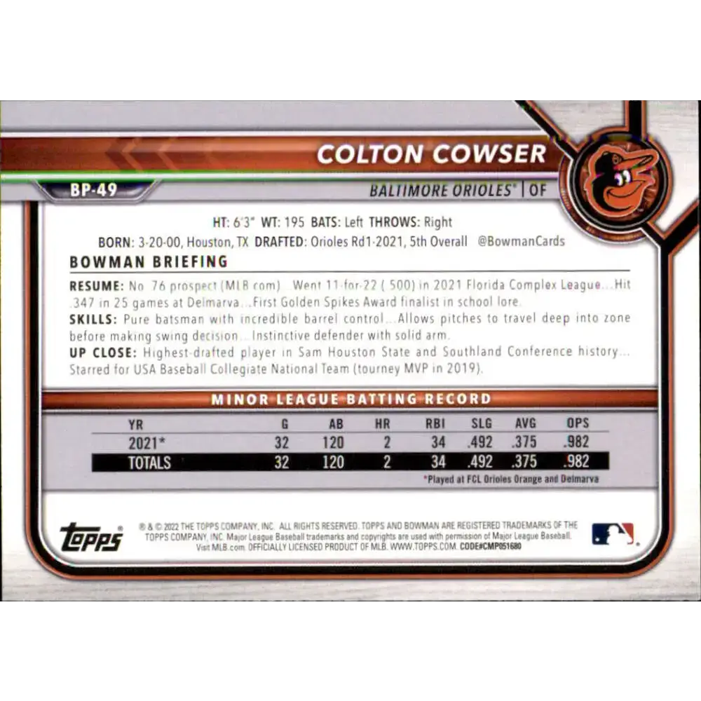 2022 Bowman Prospects #BP-49 Colton Cowser NM-MT Baltimore Orioles Baseball Card - Baseball Card Single