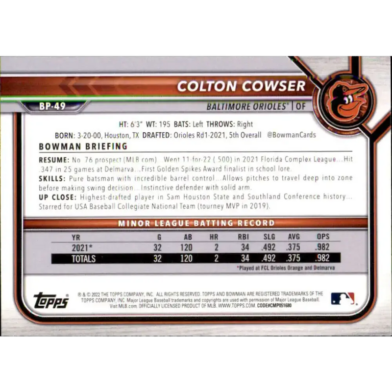 2022 Bowman Prospects #BP-49 Colton Cowser NM-MT Baltimore Orioles Baseball Card - Baseball Card Single
