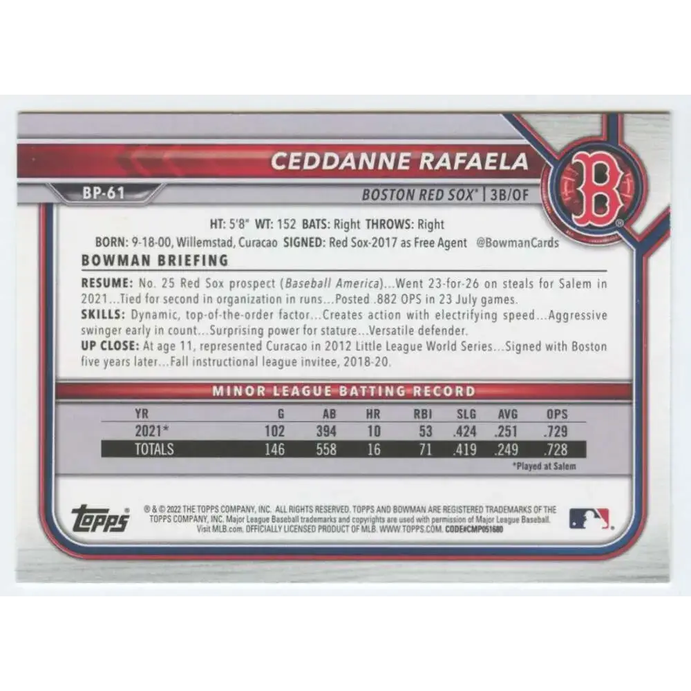 2022 Bowman Prospects #BP-61 Ceddanne Rafaela NM-MT Boston Red Sox Baseball Card - Baseball Card Single