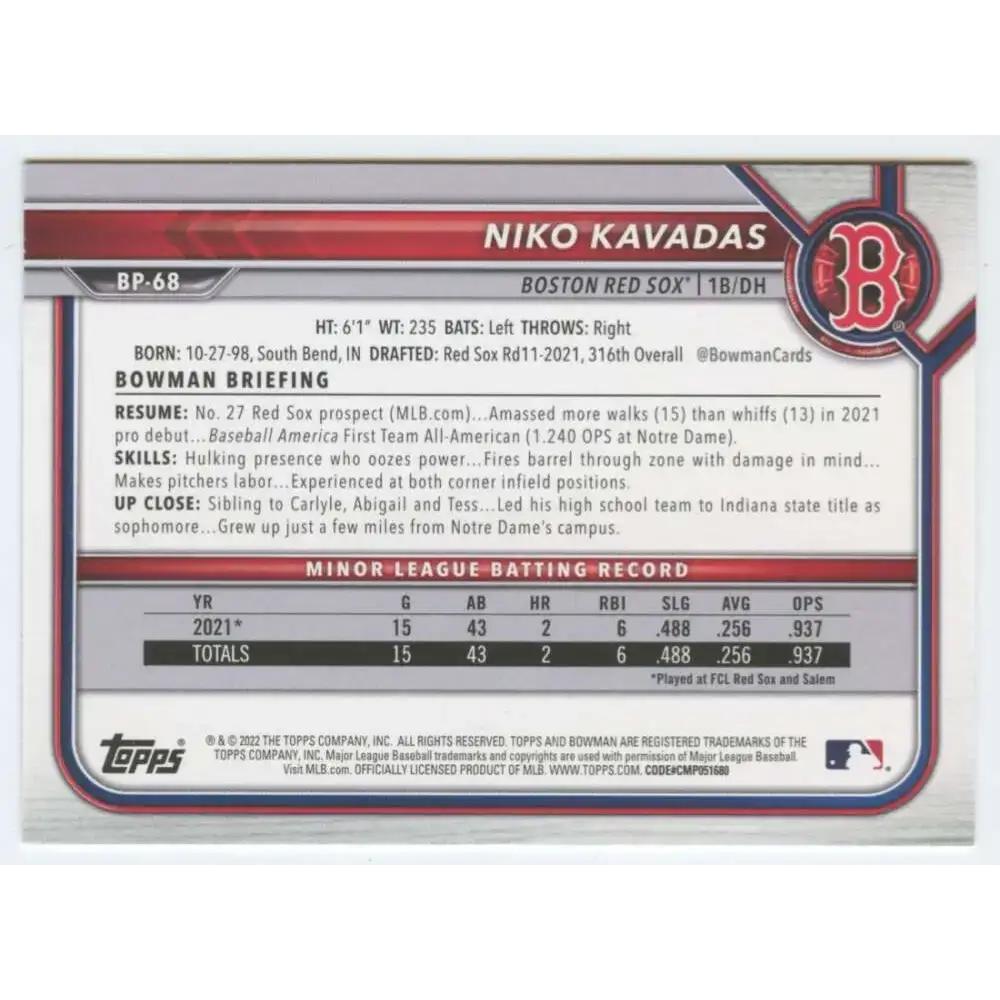 2022 Bowman Prospects #BP-68 Niko Kavadas NM-MT Boston Red Sox Baseball Card - Baseball Card Single