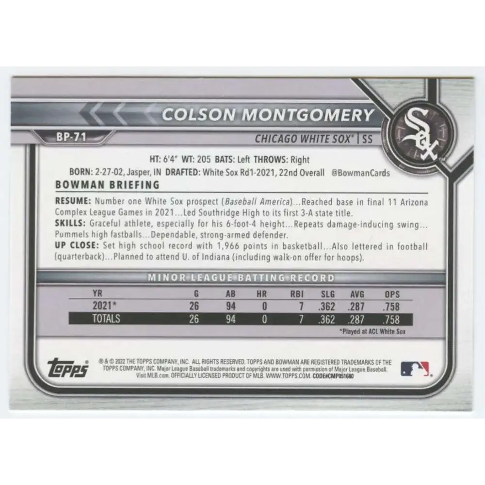 2022 Bowman Prospects #BP-71 Colson Montgomery NM-MT Chicago White Sox Baseball Card - Baseball Card Single