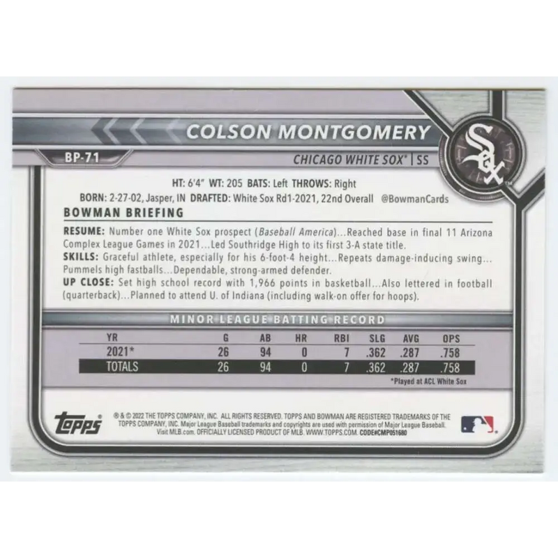2022 Bowman Prospects #BP-71 Colson Montgomery NM-MT Chicago White Sox Baseball Card - Baseball Card Single